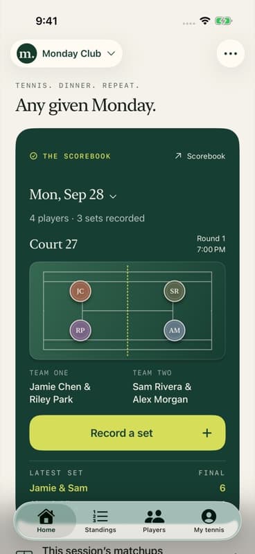 Monday Tennis home screen showing example club data