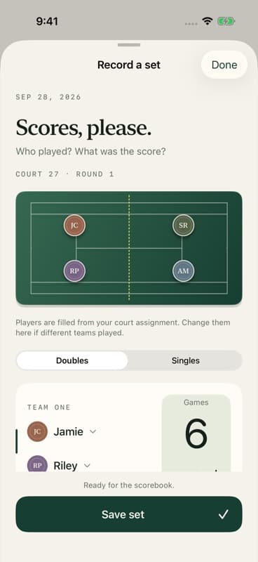 Monday Tennis record screen showing example club data